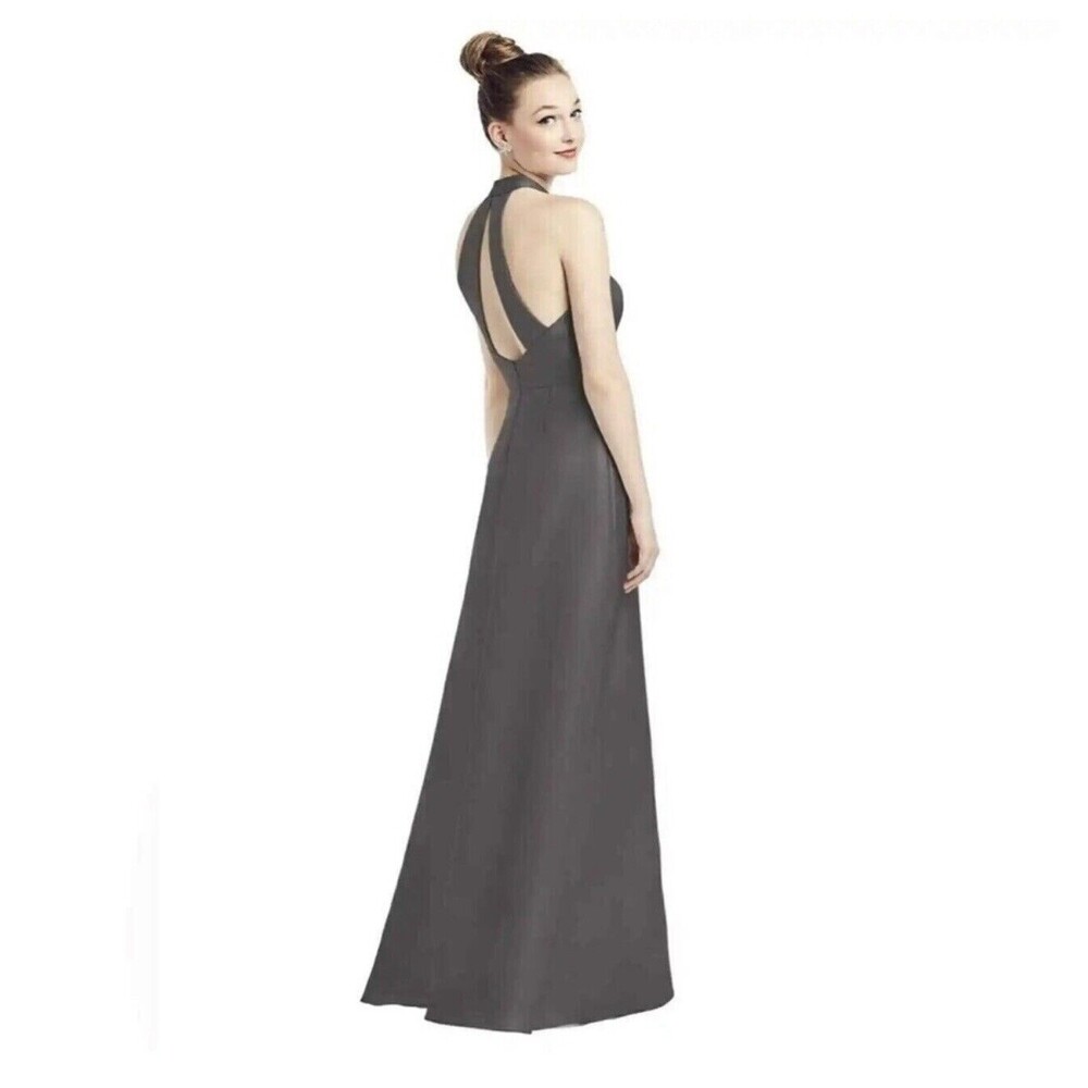 Alfred Sung Sateen Twill Halter Neckline Dress 16 Gown Satin Caviar Gray NWT B72 - Picture 2 of 7